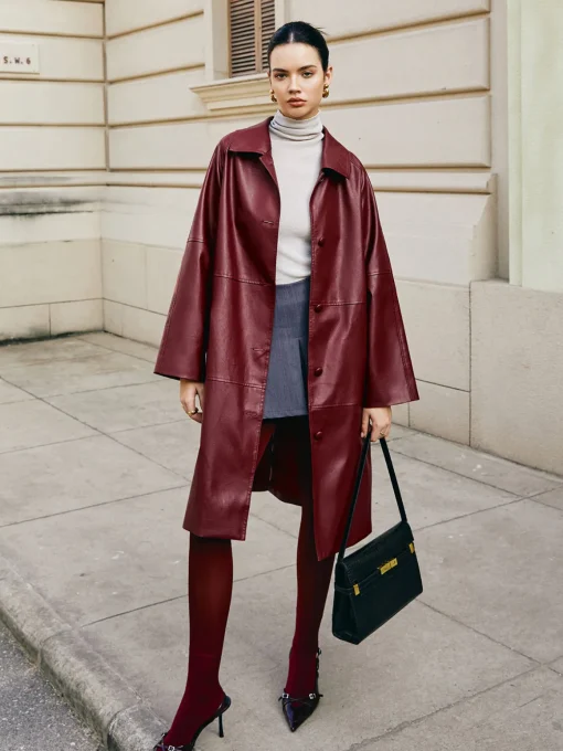 COMMENSE Outerwear|Jackets^Vintage Faux Leather Long Jacket Red
