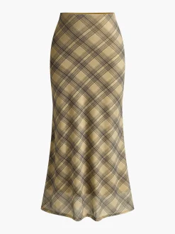 COMMENSE Skirts|Bottoms^Vintage Plaid Midi Skirt Khaki
