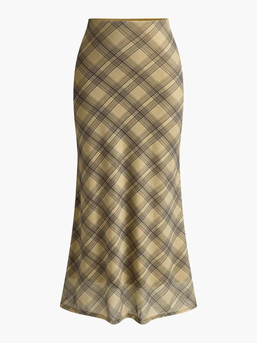 COMMENSE Skirts|Bottoms^Vintage Plaid Midi Skirt Khaki