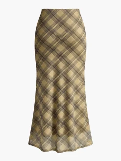 COMMENSE Skirts|Bottoms^Vintage Plaid Midi Skirt Khaki