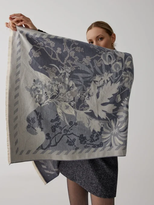 COMMENSE Accessories^Vintage Plant Flower Jacquard Cotton Scarf Blue