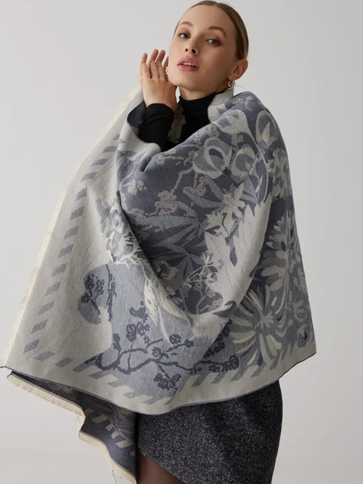 COMMENSE Accessories^Vintage Plant Flower Jacquard Cotton Scarf Blue