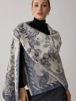 COMMENSE Accessories^Vintage Plant Flower Jacquard Cotton Scarf Blue