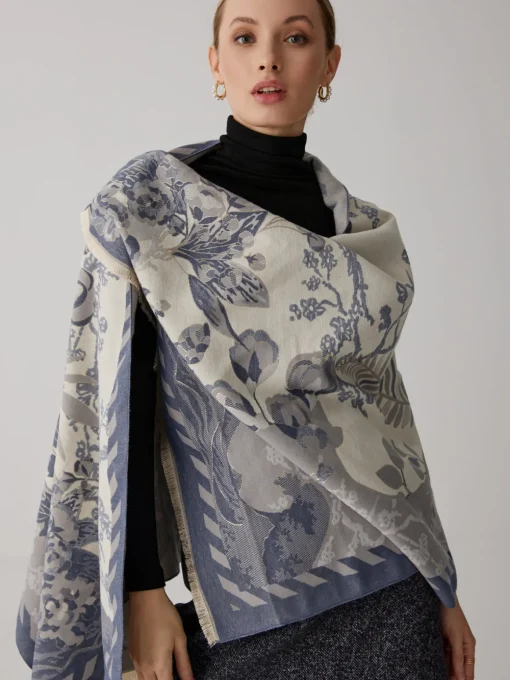 COMMENSE Accessories^Vintage Plant Flower Jacquard Cotton Scarf Blue