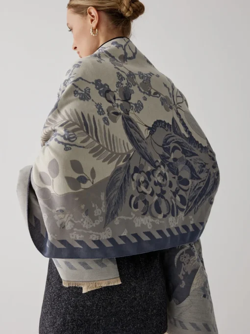 COMMENSE Accessories^Vintage Plant Flower Jacquard Cotton Scarf Blue