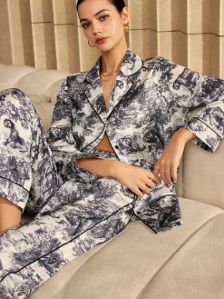 COMMENSE Pants Sets^Vintage Printed Piping Pants Set Black