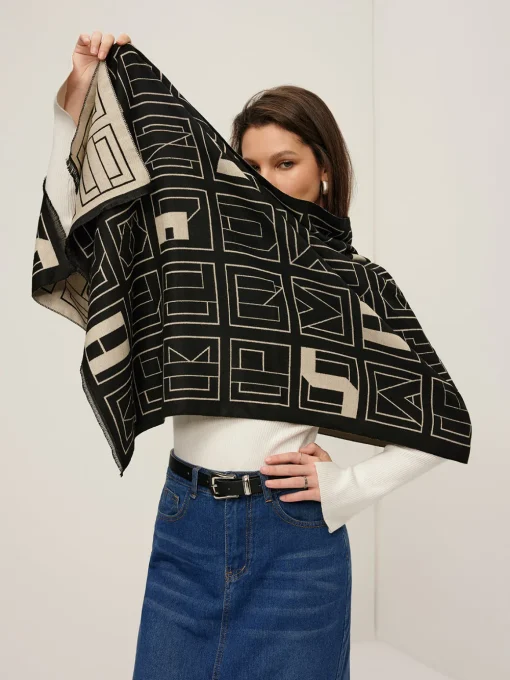 COMMENSE Accessories^Vintage Two Tone  Letters Scarf BlackandWhite