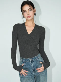 COMMENSE T-shirts|Tops^V-Neck Bodycon Jersey T-Shirt Grey