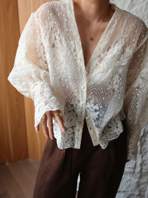 COMMENSE Blouses & Shirts|Tops^V-Neck Button Floral Sheer Shirt Off-White