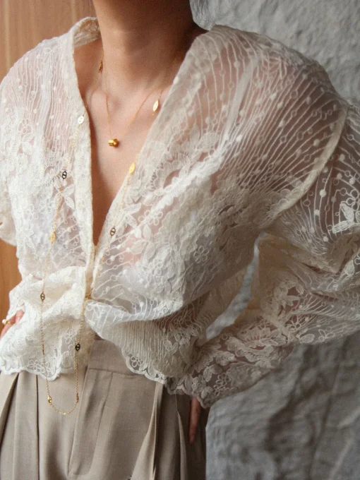 COMMENSE Blouses & Shirts|Tops^V-Neck Button Floral Sheer Shirt Off-White