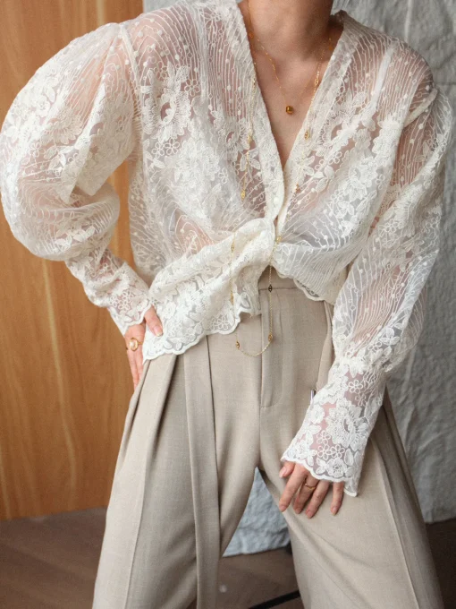 COMMENSE Blouses & Shirts|Tops^V-Neck Button Floral Sheer Shirt Off-White