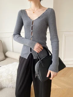 COMMENSE Sweater Tops|Sweaters & Cardigans^V-Neck Button Slim Knit Top Grey