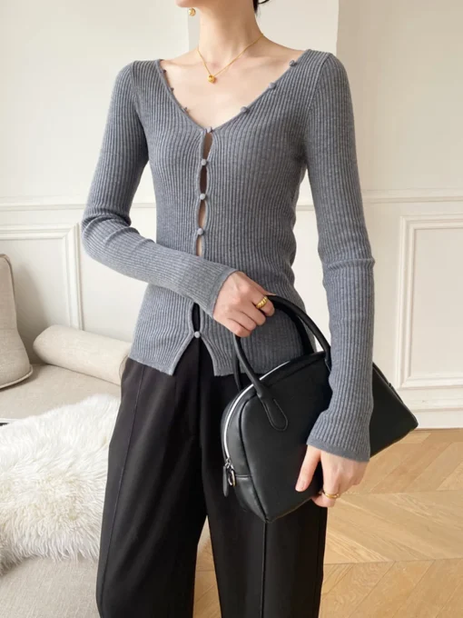 COMMENSE Sweater Tops|Sweaters & Cardigans^V-Neck Button Slim Knit Top Grey