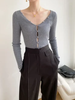 COMMENSE Sweater Tops|Sweaters & Cardigans^V-Neck Button Slim Knit Top Grey