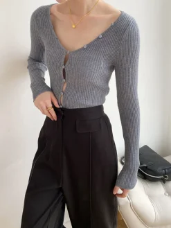 COMMENSE Sweater Tops|Sweaters & Cardigans^V-Neck Button Slim Knit Top Grey