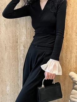 COMMENSE Blouses & Shirts|Tops^V-Neck Contrast Ruffle-Cuff Blouse Black