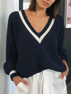 COMMENSE Sweater Tops|Sweaters & Cardigans^V-Neck Contrast Trim Sweater Blue