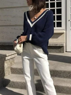 COMMENSE Sweater Tops|Sweaters & Cardigans^V-Neck Contrast Trim Sweater Blue