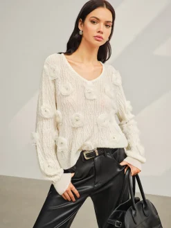 COMMENSE Sweater Tops|Sweaters & Cardigans^V-Neck 3D Flower Knit Top Off-White