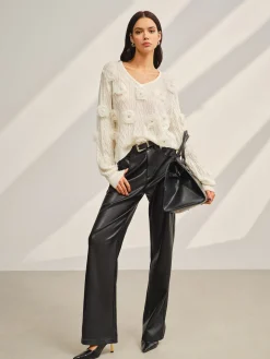 COMMENSE Sweater Tops|Sweaters & Cardigans^V-Neck 3D Flower Knit Top Off-White