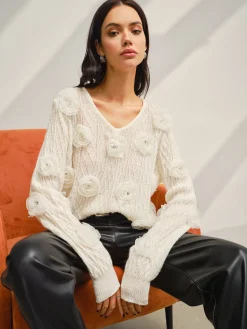 COMMENSE Sweater Tops|Sweaters & Cardigans^V-Neck 3D Flower Knit Top Off-White