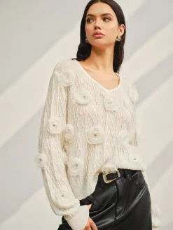 COMMENSE Sweater Tops|Sweaters & Cardigans^V-Neck 3D Flower Knit Top Off-White