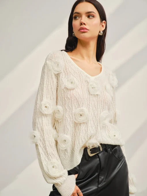 COMMENSE Sweater Tops|Sweaters & Cardigans^V-Neck 3D Flower Knit Top Off-White