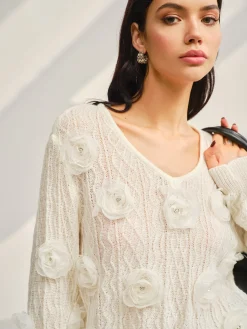 COMMENSE Sweater Tops|Sweaters & Cardigans^V-Neck 3D Flower Knit Top Off-White