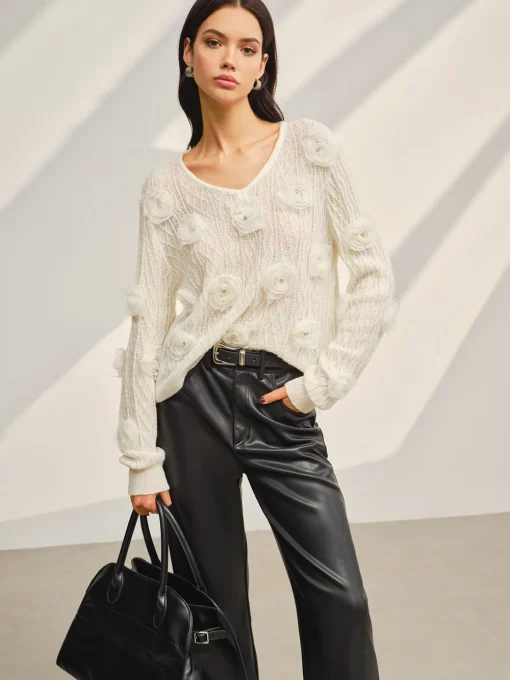 COMMENSE Sweater Tops|Sweaters & Cardigans^V-Neck 3D Flower Knit Top Off-White
