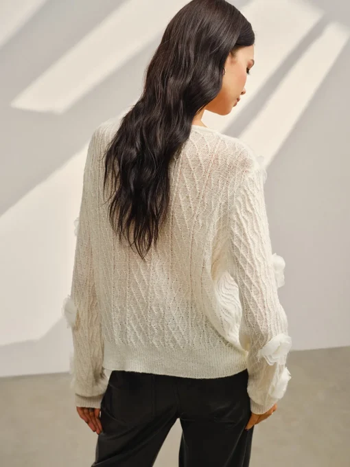 COMMENSE Sweater Tops|Sweaters & Cardigans^V-Neck 3D Flower Knit Top Off-White