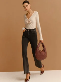 COMMENSE Tops^V-Neck 3D Flower Pleated Slim Blouse Off-White