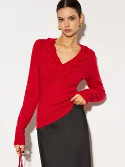 COMMENSE Knitwear|Tops^V-Neck 3D Flower Skinny Knit Top Red