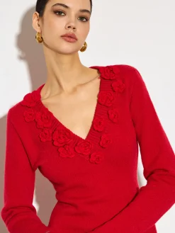 COMMENSE Knitwear|Tops^V-Neck 3D Flower Skinny Knit Top Red