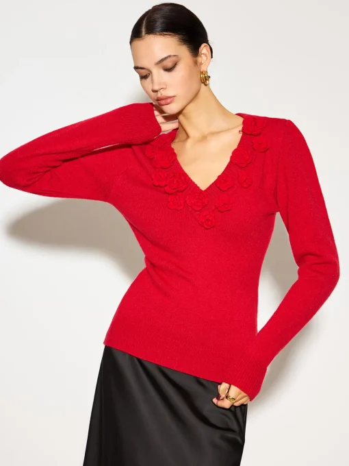 COMMENSE Knitwear|Tops^V-Neck 3D Flower Skinny Knit Top Red