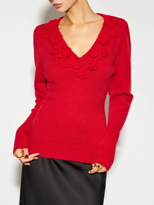 COMMENSE Knitwear|Tops^V-Neck 3D Flower Skinny Knit Top Red
