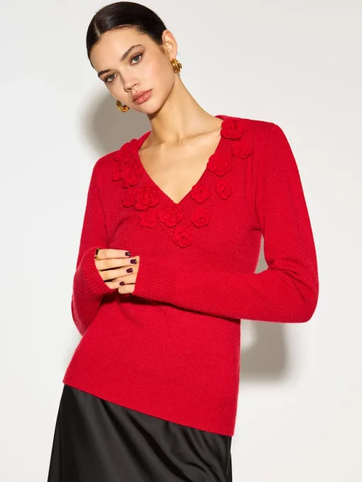 COMMENSE Knitwear|Tops^V-Neck 3D Flower Skinny Knit Top Red