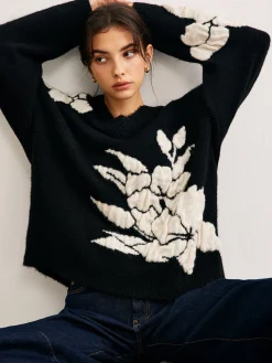 COMMENSE Sweater Tops|Sweaters & Cardigans^V-Neck Knit-Floral Shift Sweater Black