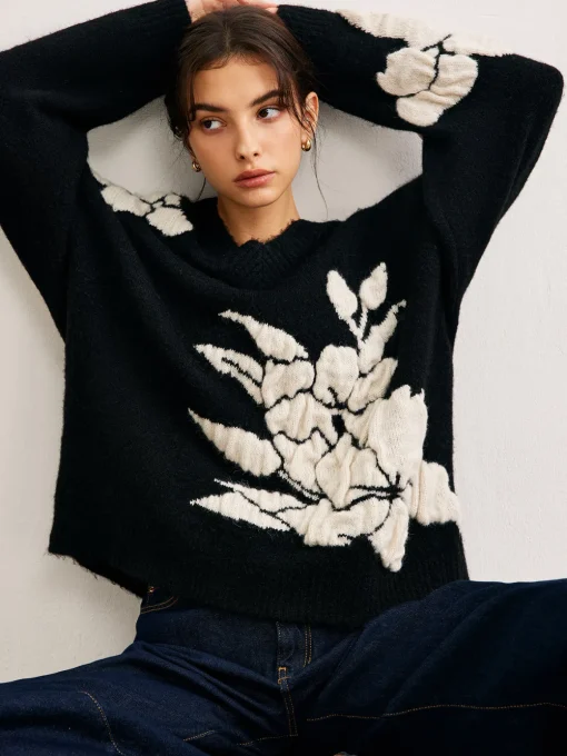 COMMENSE Sweater Tops|Sweaters & Cardigans^V-Neck Knit-Floral Shift Sweater Black