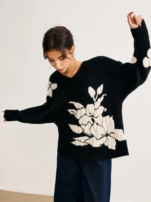 COMMENSE Sweater Tops|Sweaters & Cardigans^V-Neck Knit-Floral Shift Sweater Black