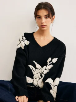 COMMENSE Sweater Tops|Sweaters & Cardigans^V-Neck Knit-Floral Shift Sweater Black