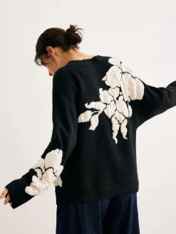 COMMENSE Sweater Tops|Sweaters & Cardigans^V-Neck Knit-Floral Shift Sweater Black