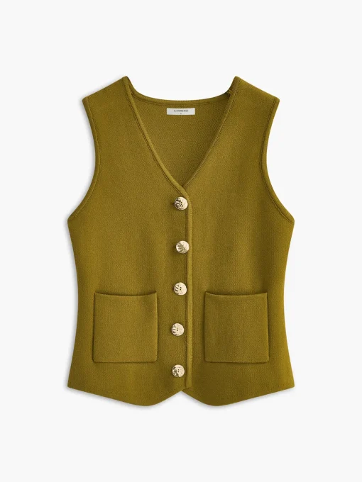 COMMENSE Vests|Outerwear^V-Neck Metal-Breasted Jersey Vest DarkBrown