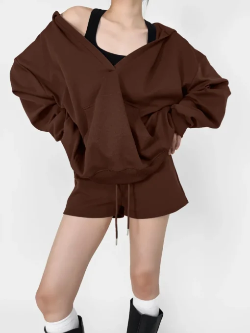 COMMENSE Sweatshirts & Hoodies|Tops^V-Neck Oversized-Pocket Hoodie DarkBrown
