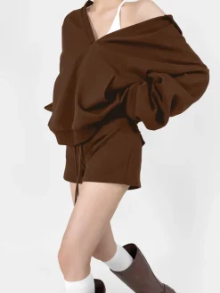 COMMENSE Sweatshirts & Hoodies|Tops^V-Neck Oversized-Pocket Hoodie DarkBrown