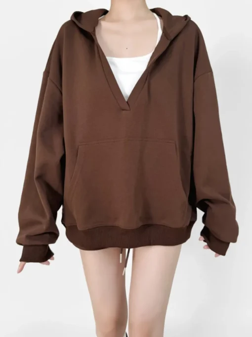 COMMENSE Sweatshirts & Hoodies|Tops^V-Neck Oversized-Pocket Hoodie DarkBrown