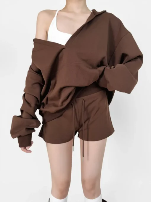 COMMENSE Sweatshirts & Hoodies|Tops^V-Neck Oversized-Pocket Hoodie DarkBrown
