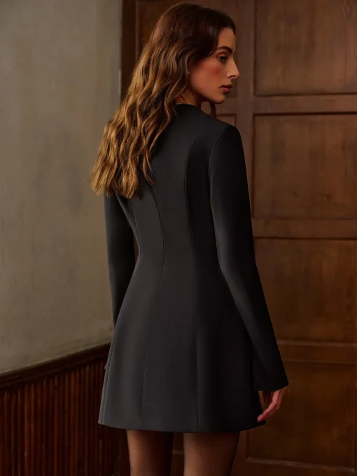 COMMENSE Dresses^V-Neck Piping Short Dress Black