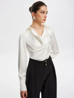COMMENSE Blouses & Shirts|Tops^V-Neck Pleated Long Sleeve Blouse White