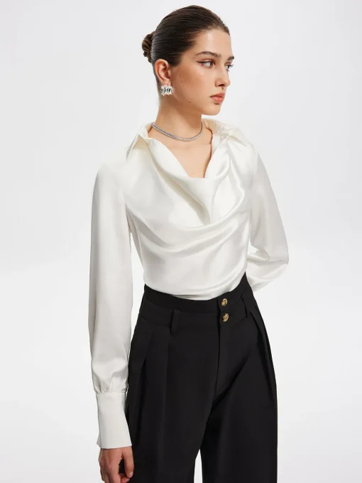 COMMENSE Blouses & Shirts|Tops^V-Neck Pleated Long Sleeve Blouse White