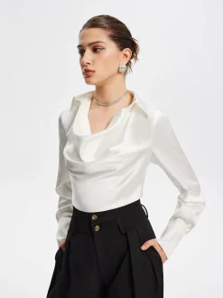 COMMENSE Blouses & Shirts|Tops^V-Neck Pleated Long Sleeve Blouse White